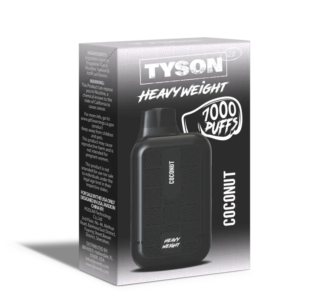 Each disposable Tyson Vape has 7000 puffs ⎯ 10 times the average vape! 15ml E-juice Tyson Vapes gives you more E-juice in every disposable device than any other with 15ml of E-juice. 5% Nicotine Salt Tyson’s vape formula is 5% Nicotine Salt, making it more potent and powerful in every puff. Mesh Coil Mesh coils reign supreme by working faster with a stronger, more flavorful hit than regular coils. 550mAh Battery Powerful 550mAh battery lasts for hours. USB-C Cable Included A USB-C cable comes with every Tyson Vape for convenient charging at home or on the go.